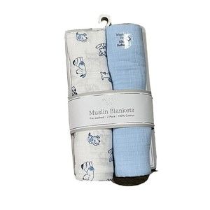 Modern Baby 2Pk Muslin Swaddle Blanket 100% Cotton, Solid Blue / Puppy Dog New
